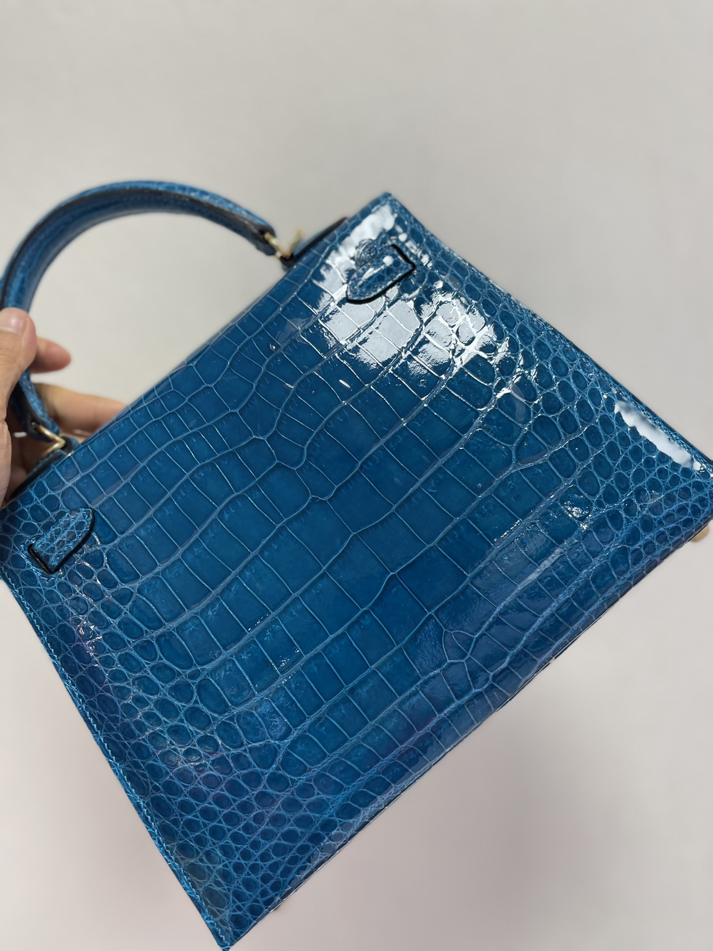 Hermes Kelly 25cm Handbag Shoulder Bag In Blue Electric Shiny Crocodile Niloticus Leather